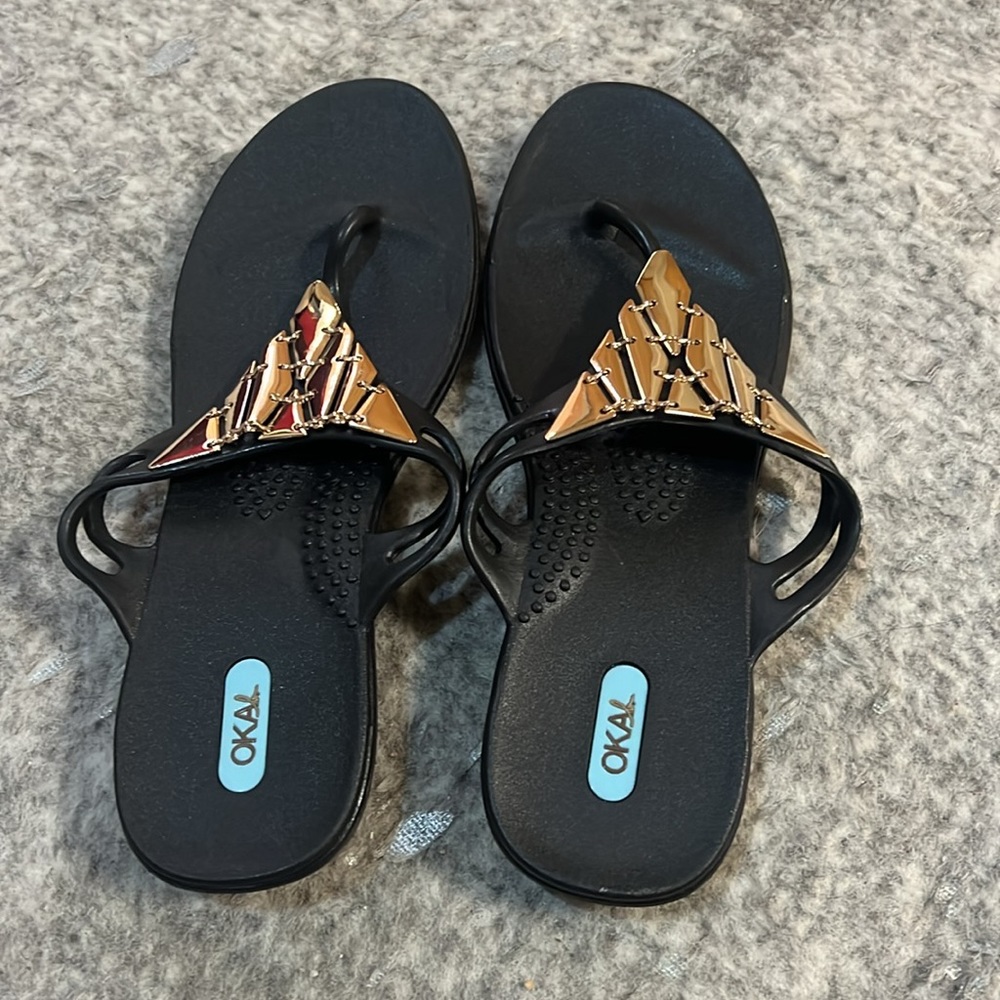 OKA b. Black Sandal Flip-Flops with Gold Tone Accent